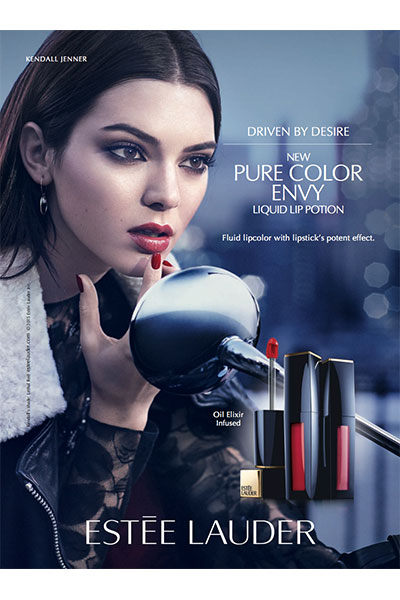 Kendall Jenner in Estee Lauder Ad for Lip Potion in Lethal Red