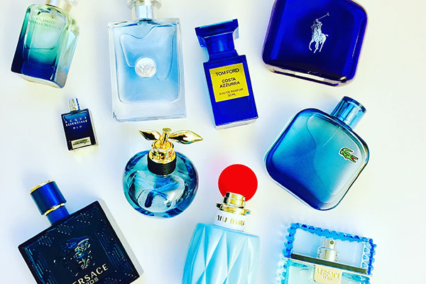 blue fragrance bottles
