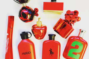 red fragrance bottles